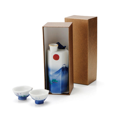 [MARUMO TAKAGI] Sound Making Tokkuri Sake Bottle & 2 Sakazuki Sake Cups Set (Sakura and Mt. Fuji)   220622-05